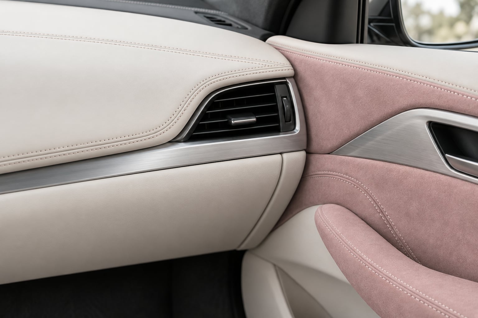 AI concept of an ivory leather dashboard with rose Alcantara detailing