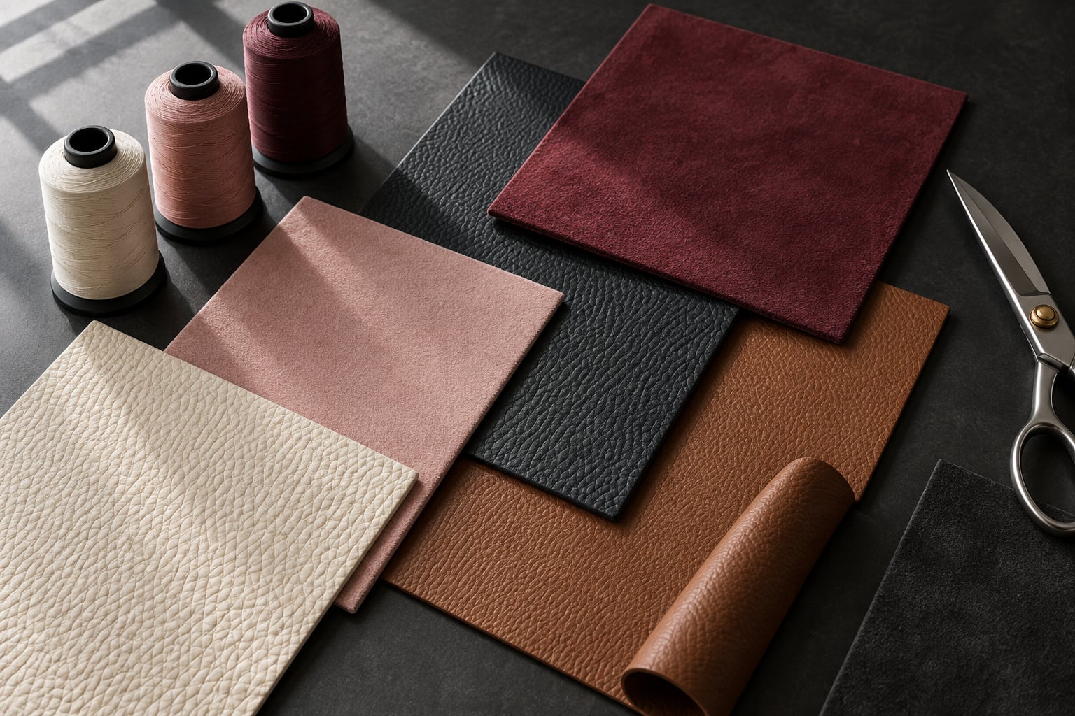 AI concept of leather and Alcantara swatches in ivory, rose, cognac and black