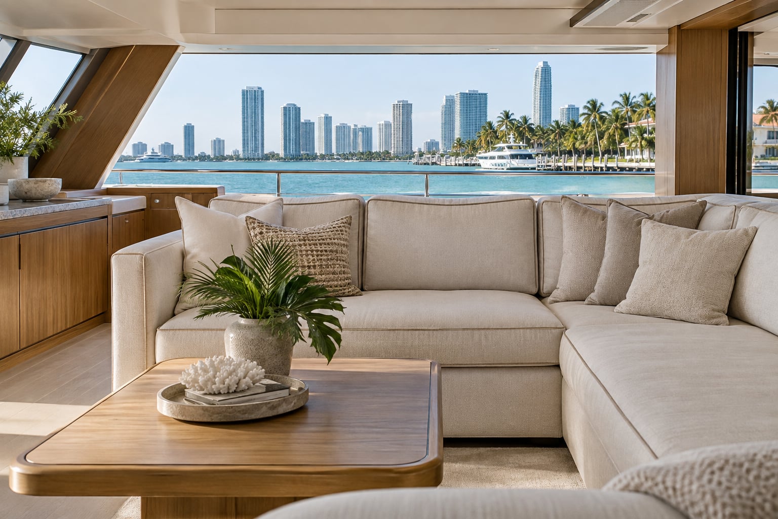 AI concept of ivory yacht salon upholstery with Biscayne Bay and the Miami skyline through the windows